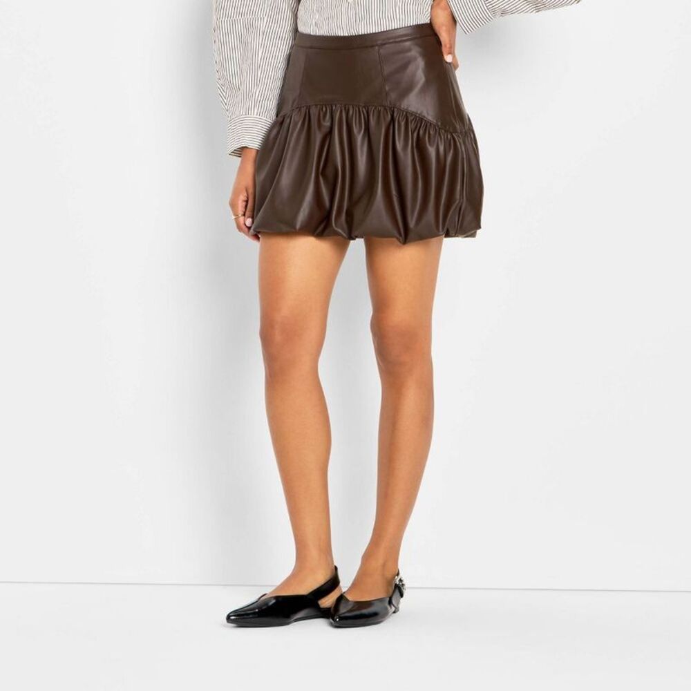 Women's Drop Waist Faux Leather Bubble Mini A-Line Skirt - Brown XS